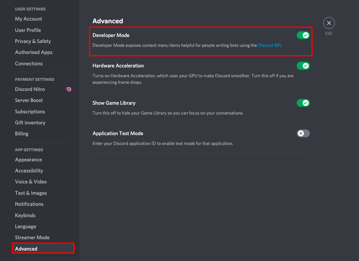 Developer Mode toggle in Advanced section of Discord user settings